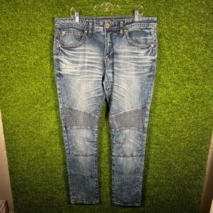Salvage Havoc Skinny Slim Moto Jeans Mens 38R Blue Denim‎ Ribbed Knee